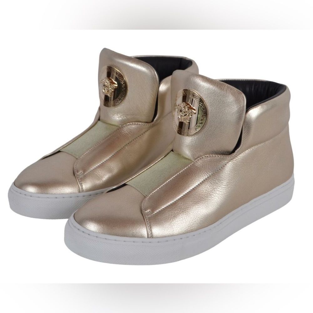 VERSACE Palazzo Gold Leather Sneakers Medusa Plaque Slip on Sneakers 39